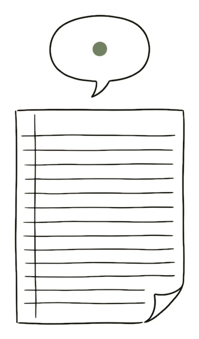 Croquis d'une feuille de bloc-notes lignée avec une bulle de dialogue, symbolisant l'échange sur votre métier