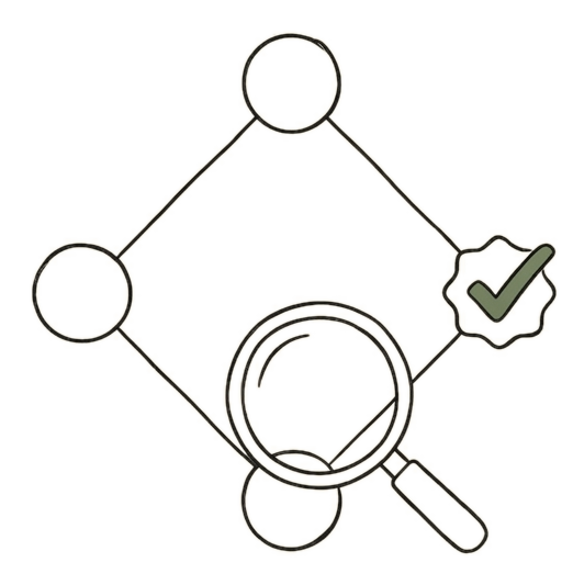 Croquis d'un diagramme en losange à quatre nœuds avec une loupe et un badge de validation, symbolisant la prospection automatisée